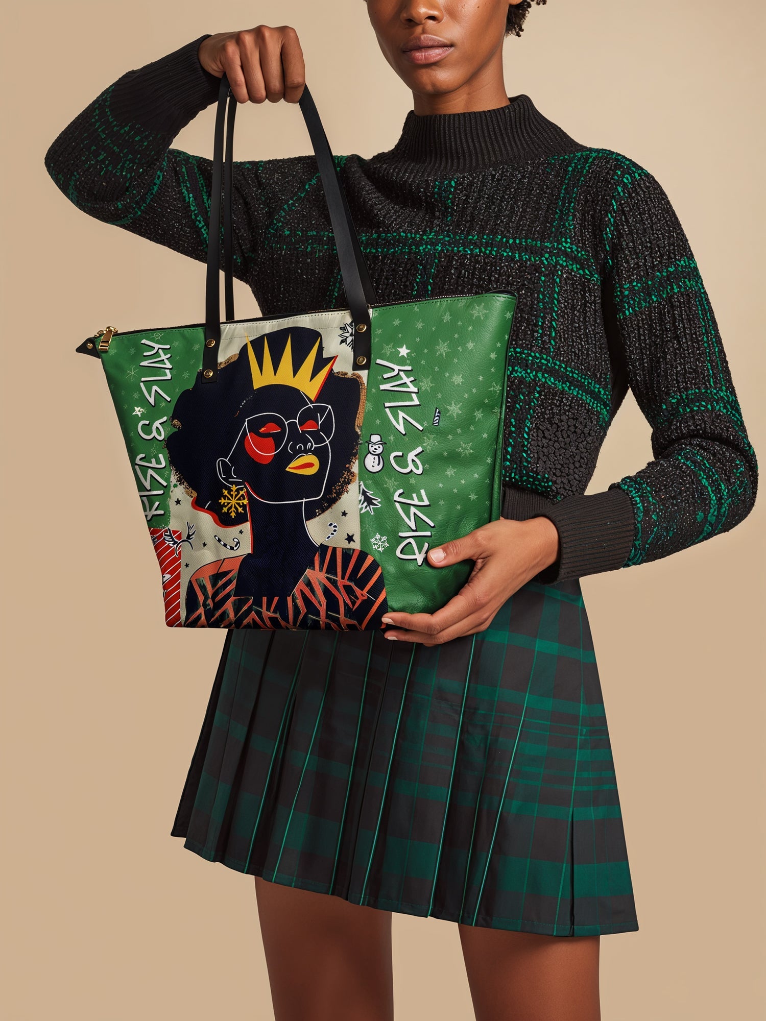 "Aina" Lime Pop Xmas Leather Tote Bag
